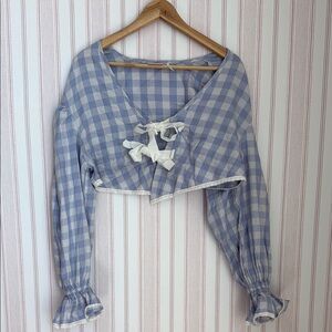 Blue Checkered Women's Top with Bow Detail